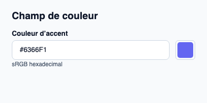Champ hexadécimal sRGB avec nuancier et sélecteur contextuel.