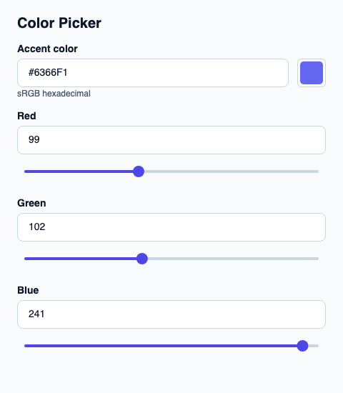 sRGB editor combining hexadecimal text, channel text and sliders.