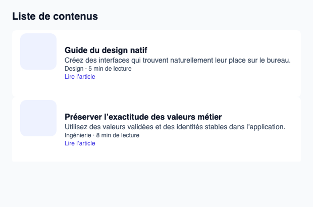 Liste virtualisée de contenus avec titre, extrait, métadonnées et vignette.