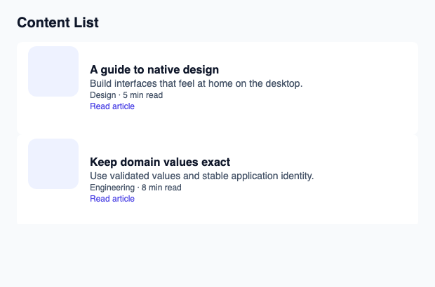 Virtualized content list with headings, excerpts, metadata and thumbnails.