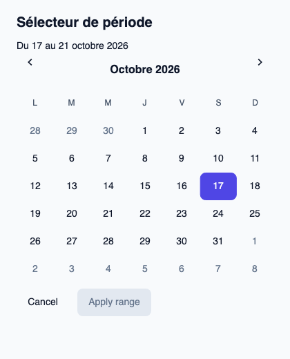 Calendrier de période avec sélection provisoire puis application explicite.