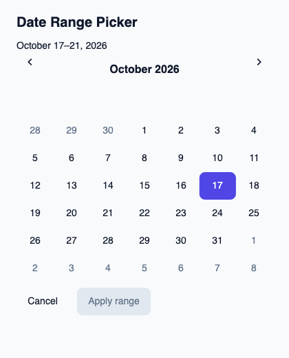 Range calendar with provisional selection and explicit application.