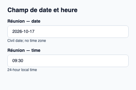 Deux éditeurs natifs composant un seul brouillon de date et heure locales.