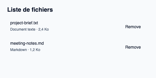 Liste de fichiers avec noms, détails et suppression par identité stable.
