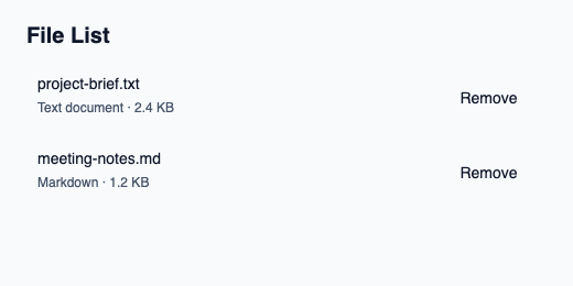 File list with names, details and removal by stable identity.