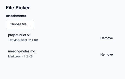 File picker presenting a native request and selected files.