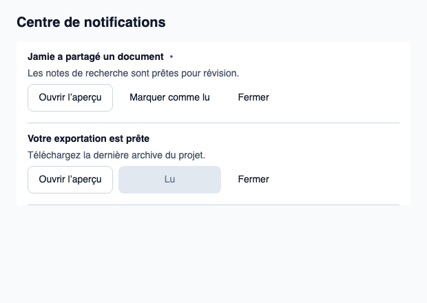 Liste de notifications avec aperçu, lecture et retrait par identité stable.
