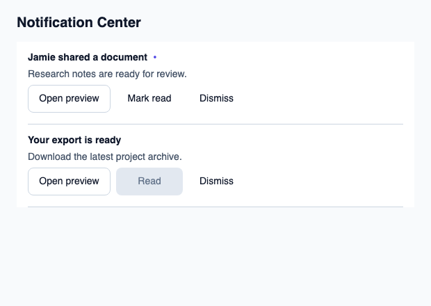 Notification list with preview, read and removal actions by stable identity.
