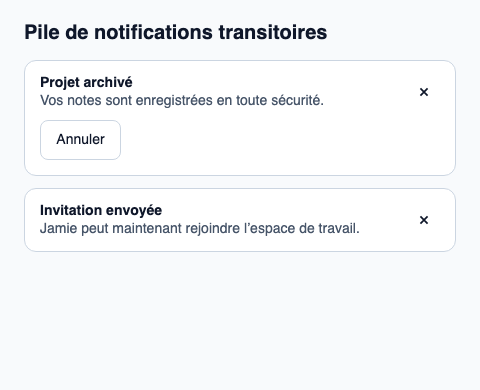 Pile de notifications transitoires alimentée par une file détenue en Rust.