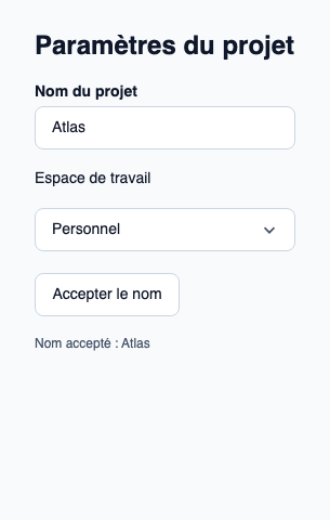 Fenêtre native Project settings avec un nom de projet et une sélection Workspace