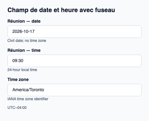 Saisie de date, heure locale et fuseau avec résolution explicite des ambiguïtés.